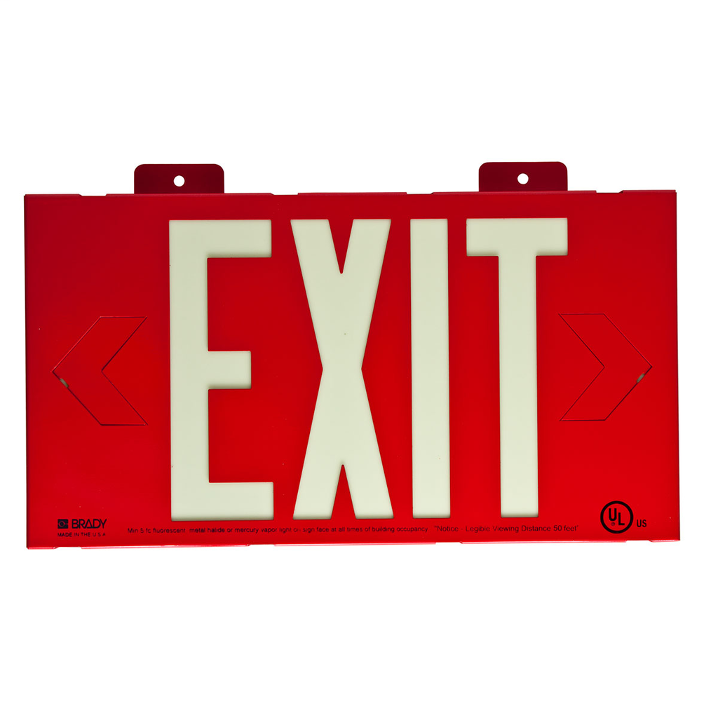 Product image for Brady 90885B BradyGlo Exit Sign, 8.25" H x 15.25" W x 0.25" D, Red on Glow