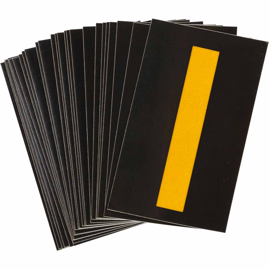 Product image for Brady 5000-I 5000 Series Reflective Number and Letter Labels, 2.875" H x 1.75" W, Pack of 25 Labels, Yellow on Black, I