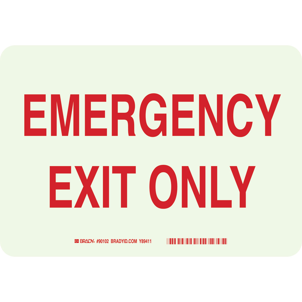 Product image for Brady 90628 BradyGlo Emergency Exit Only Sign, 10" H x 14" W x 0.063" D, Red on Glow, Polystyrene