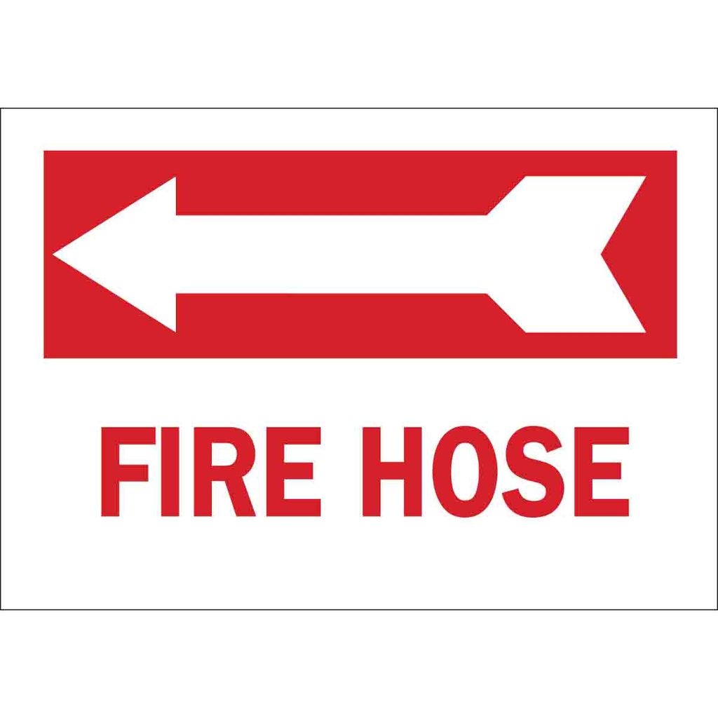 Product image for Brady 43304 Fire Hose Sign, 10" H x 14" W x 0.035" D, Red on White, Aluminum, Arrow Direction: Left