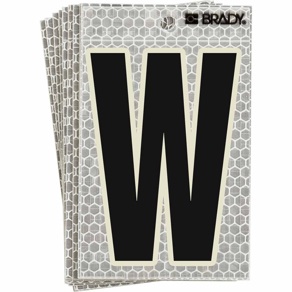 Product image for Brady 3020-W 3020 Series Glow in the Dark Number and Letter Labels, Black/Green Glow on Silver, Pack of 10 Labels, W