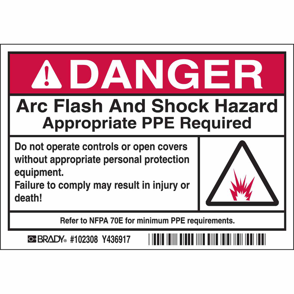 Product image for Brady 102308 Arc Flash Labels, DANGER w/Pictogram - Self-Sticking Polyester, 3.5" H x 5" W x 0.006" D, Black/Red on White