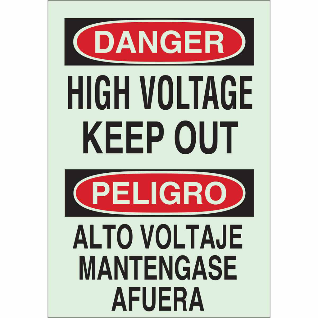 Product image for Brady 90740 BradyGlo Bilingual DANGER High Voltage Keep Out Sign, 14" H x 10" W x 0.063" D, Polystyrene
