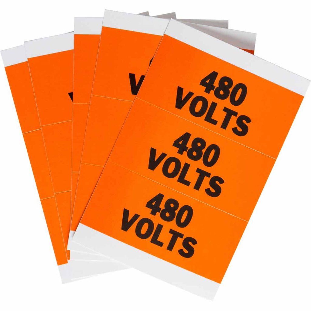 Product image for Brady 44503 Porta-Pack 480 VOLTS Labels, 0.563" H x 3.25" W x 0.0073" D, Black on Orange