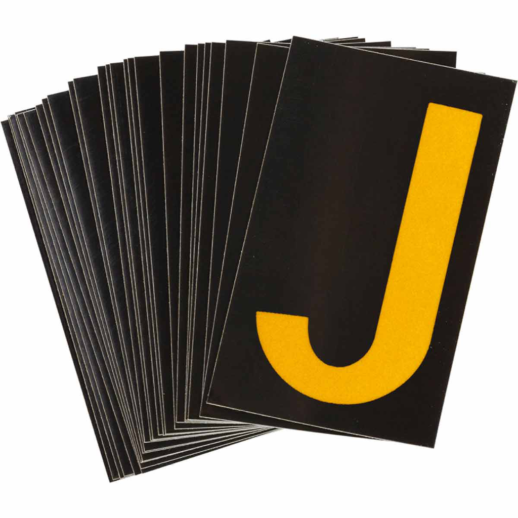 Product image for Brady 5000-J 5000 Series Reflective Number and Letter Labels, 2.875" H x 1.75" W, Pack of 25 Labels, Yellow on Black, J