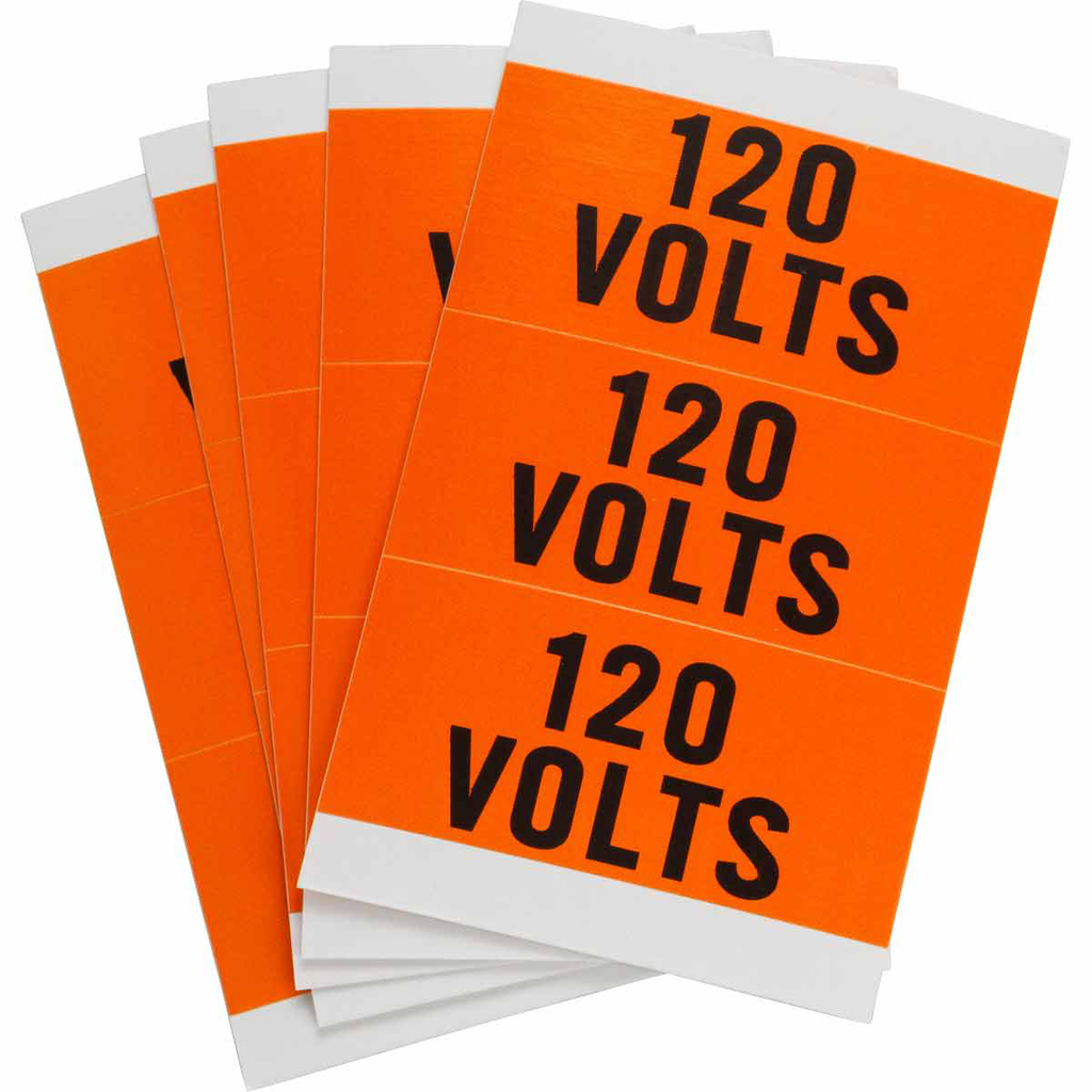 Product image for Brady 44500 Porta-Pack 120 VOLTS Labels, 0.563" H x 3.25" W x 0.0073" D, Black on Orange