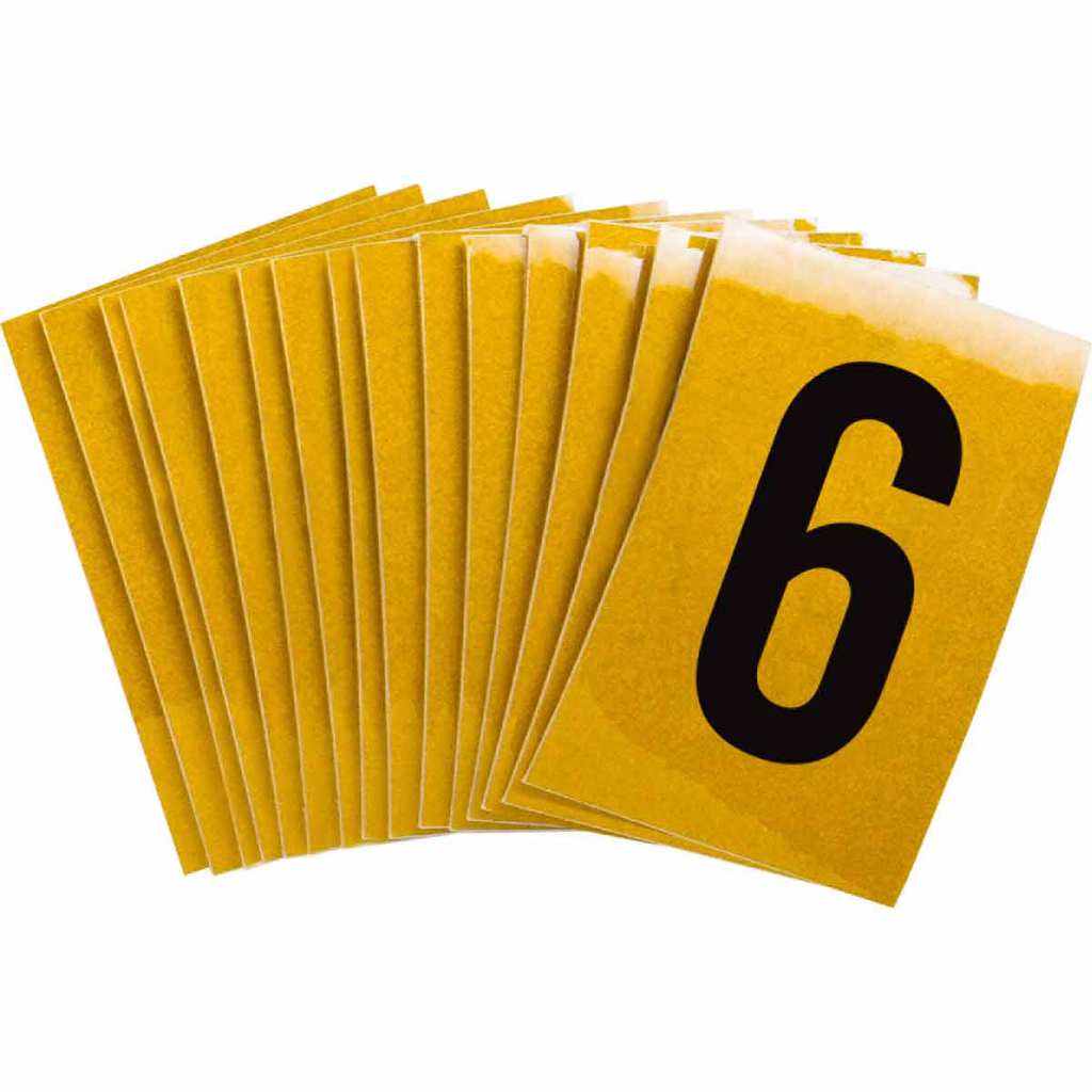 Product image for Brady 5920-6 5920 Reflective Number and Letter Labels, 1.5" H x 1" W, Pack of 25 Labels, Black on Yellow, 6