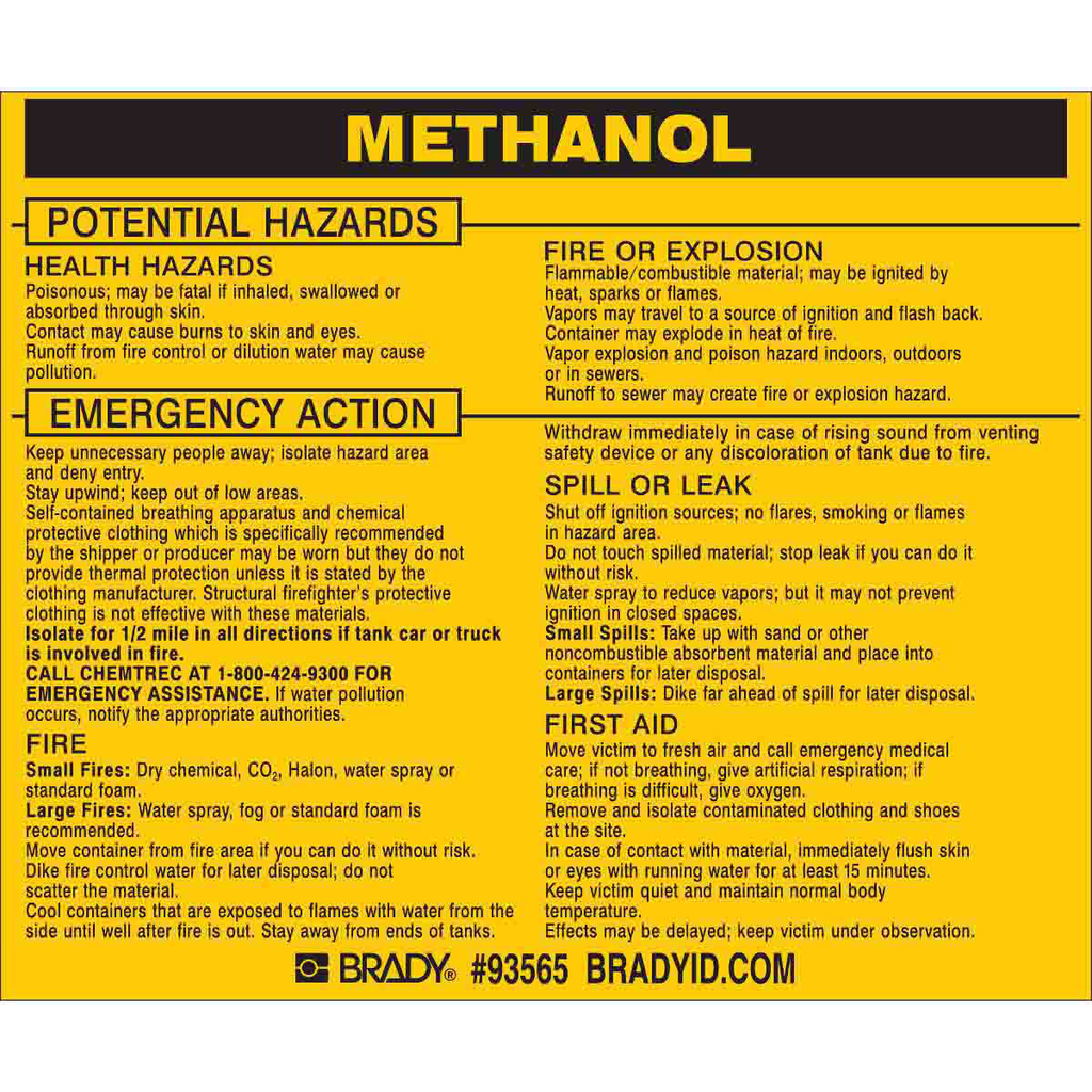 Product image for Brady 93565 METHANOL Labels, 3.5" H x 4.5" W x 0.005" D, Black on Yellow