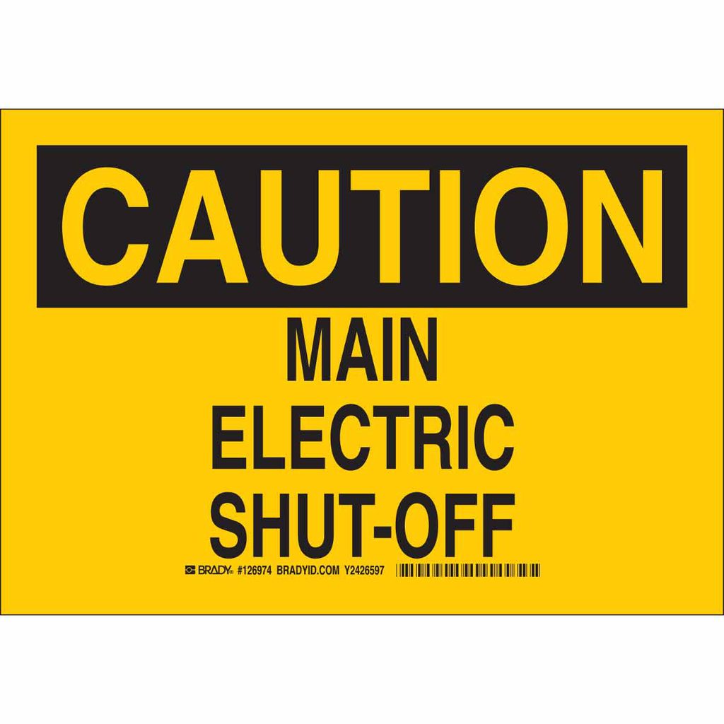 Product image for Brady 126976 CAUTION Main Electric Shut-Off Sign, 10" H x 14" W x 0.06" D, Polystyrene