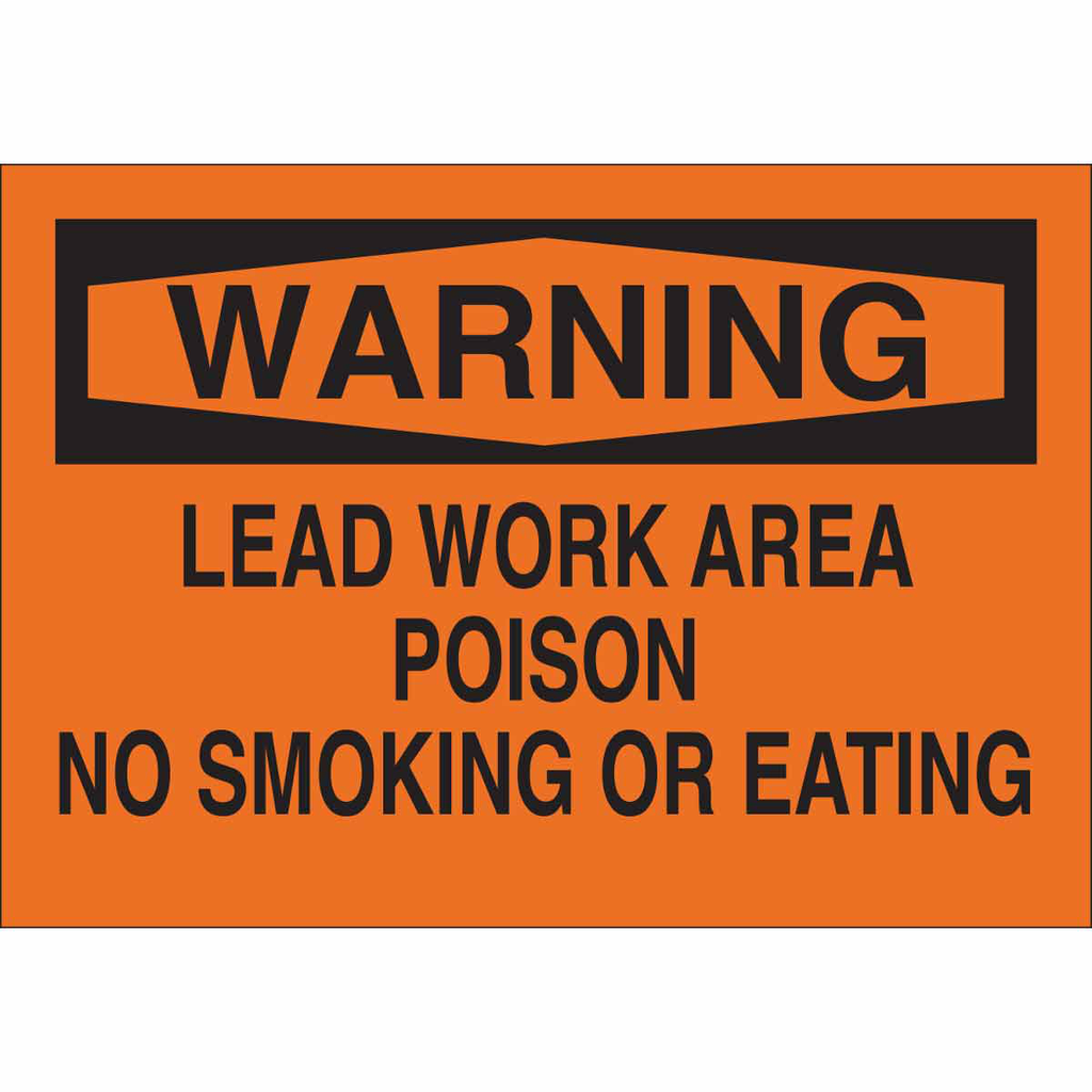 Product image for Brady 43318 WARNING Lead Work Area Poison No Smoking Or Eating Sign, 10" H x 14" W x 0.035" D, Aluminum, Black on Orange