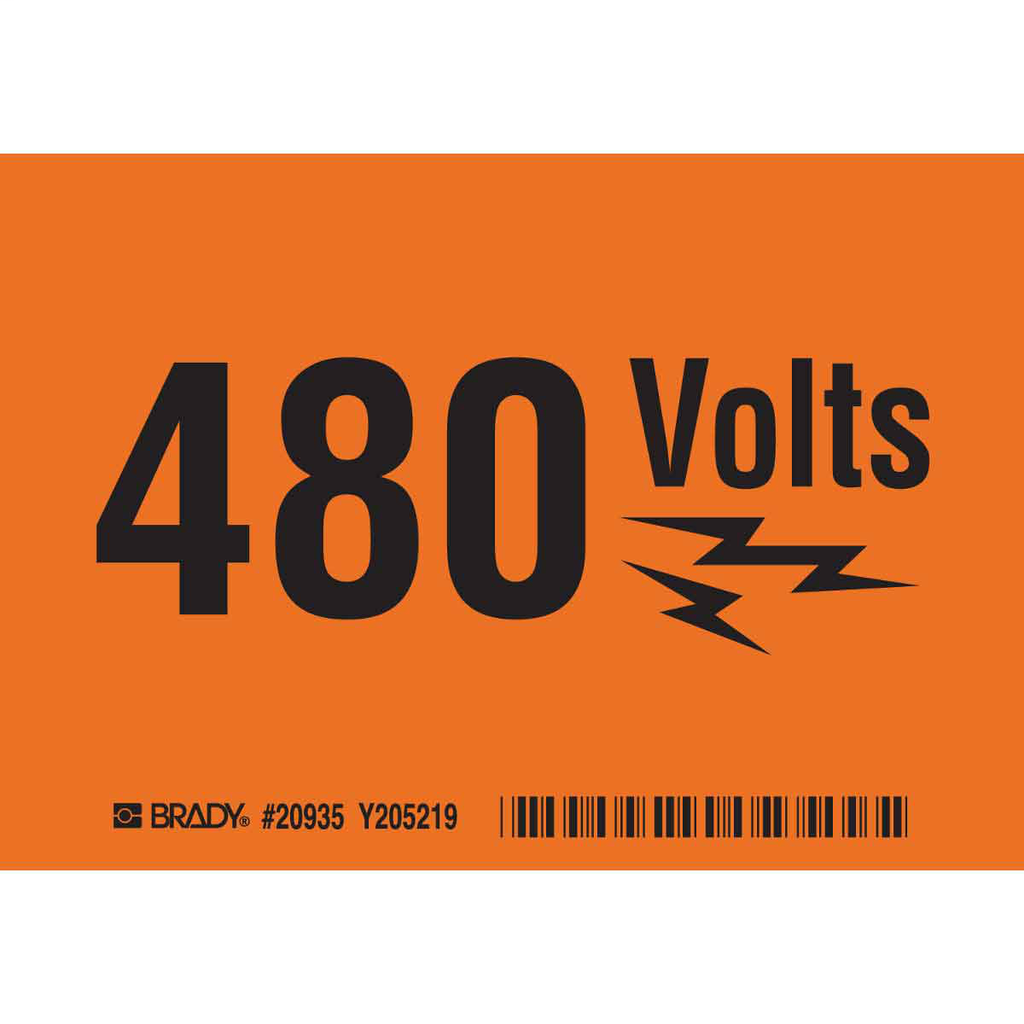 Product image for Brady 20935 480 VOLTS Sign, 3.5" H x 5" W x 0.006" D, Black on Orange
