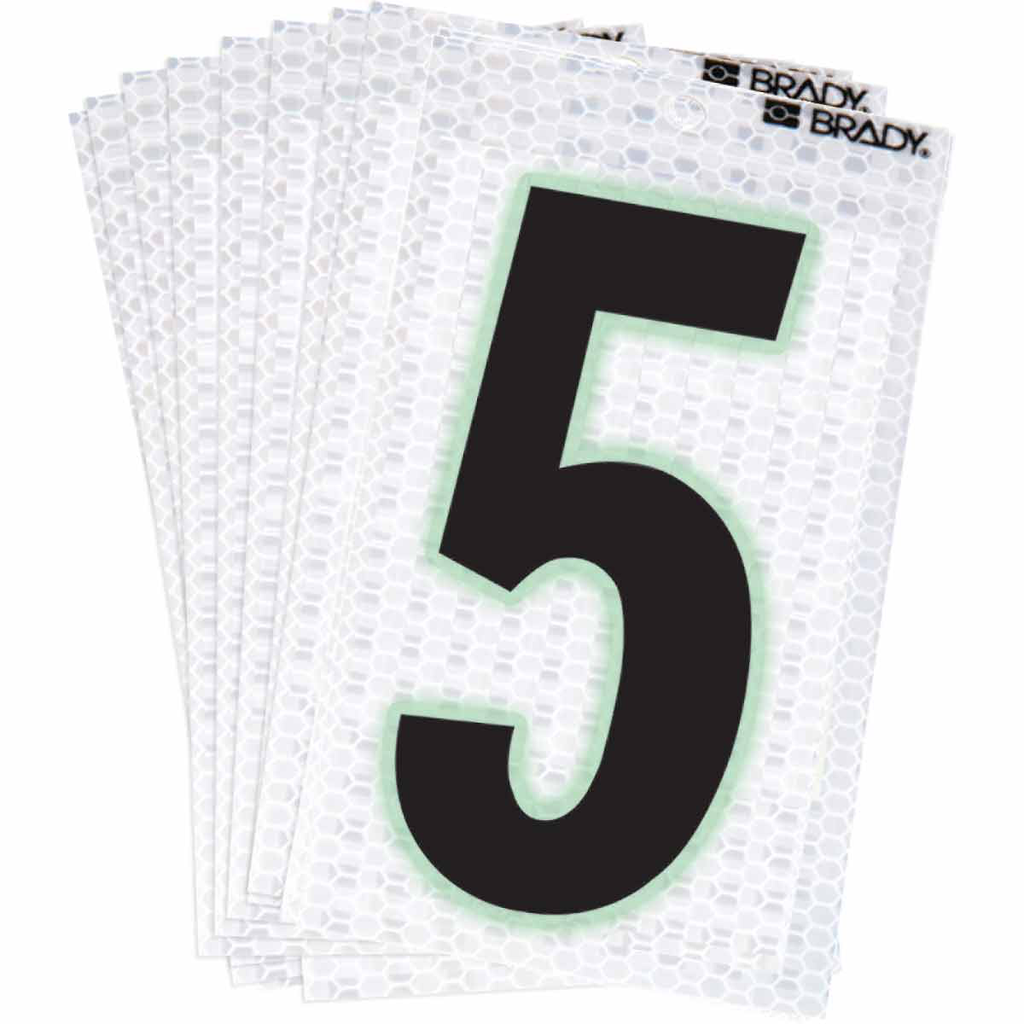 Product image for Brady 3000-5 3000 Series Glow in the Dark Number and Letter Labels, Black/Green Glow on Silver, Pack of 10 Labels, 5