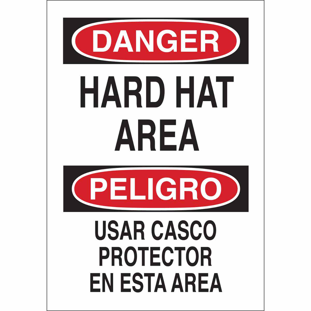 Product image for Brady 38864 Bilingual DANGER Hard Hat Area Sign, 14" H x 10" W x 0.06" D, Polystyrene, 14" H x 10" W x 0.06" D, Polystyrene