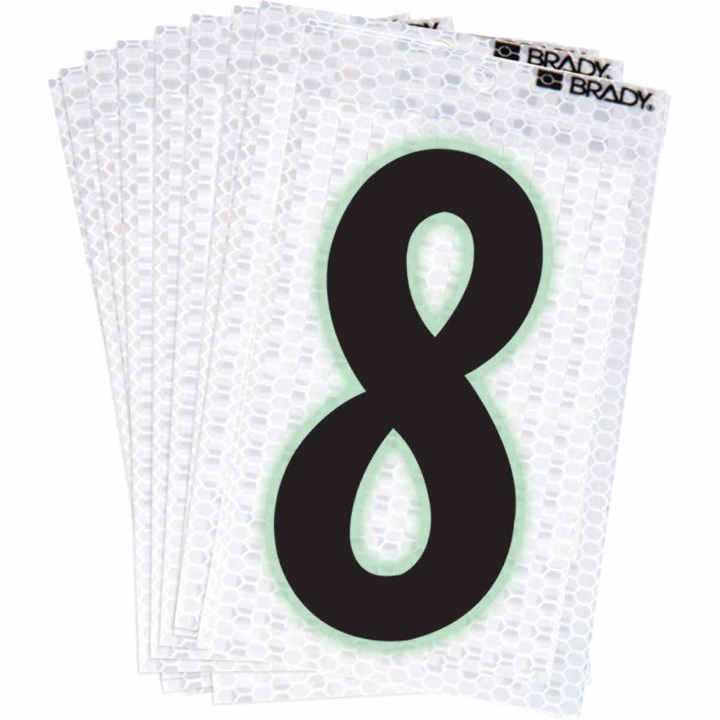Product image for Brady 3000-8 3000 Series Glow in the Dark Number and Letter Labels, Black/Green Glow on Silver, Pack of 10 Labels, 8