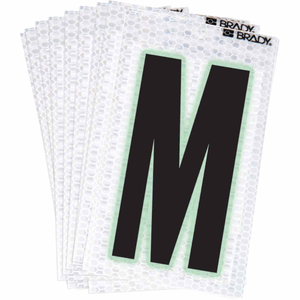 Product image for Brady 3000-M 3000 Series Glow in the Dark Number and Letter Labels, Black/Green Glow on Silver, Pack of 10 Labels, M