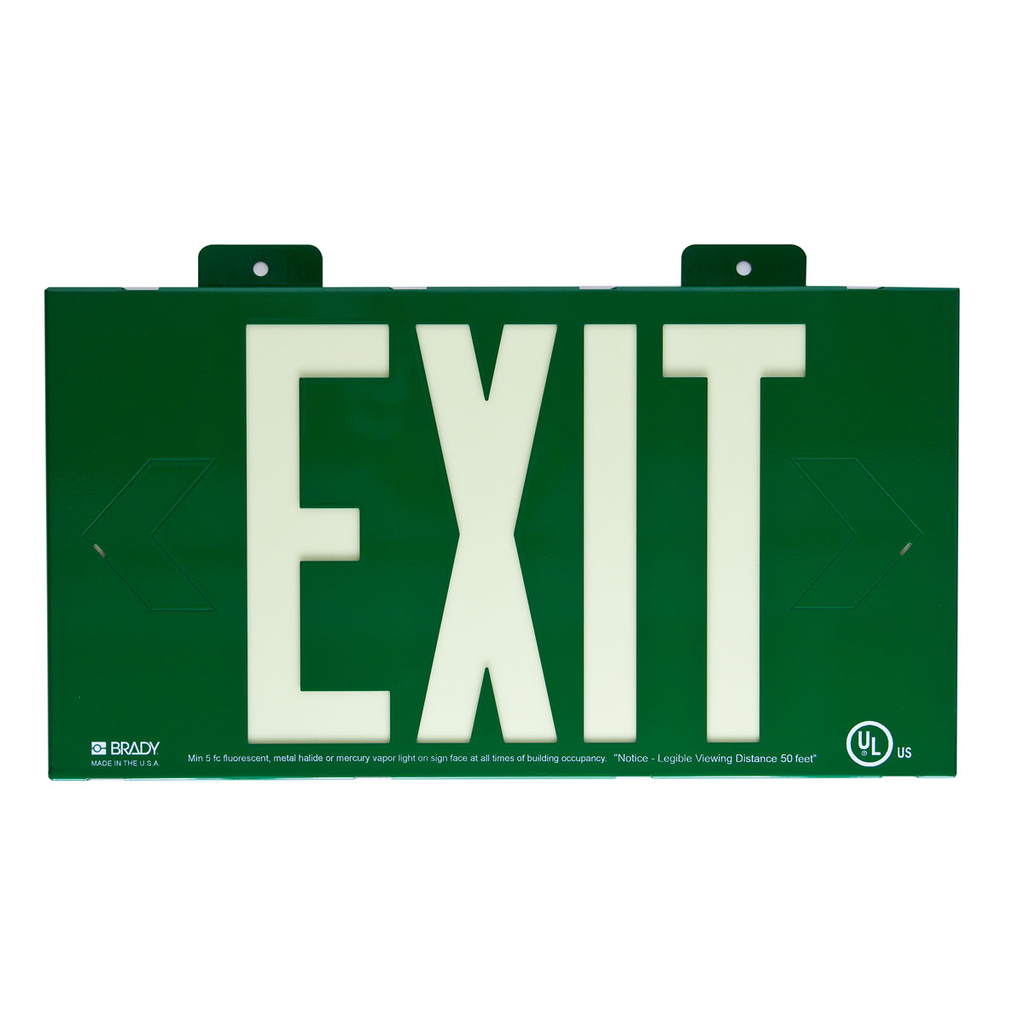 Product image for Brady 90887B BradyGlo Exit Sign, 8.25" H x 15.25" W x 0.25" D, Glow on Green