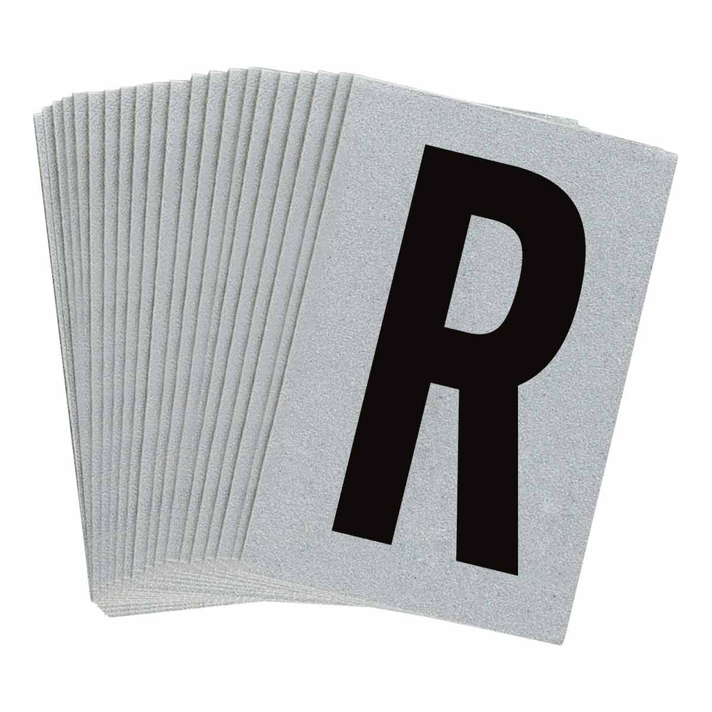 Product image for Brady 5900-R 5900 Reflective Number and Letter Labels, 1.5" H x 1" W, Pack of 25 Labels, Black on Silver, R