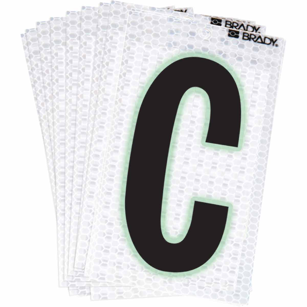 Product image for Brady 3000-C 3000 Series Glow in the Dark Number and Letter Labels, Black/Green Glow on Silver, Pack of 10 Labels, C