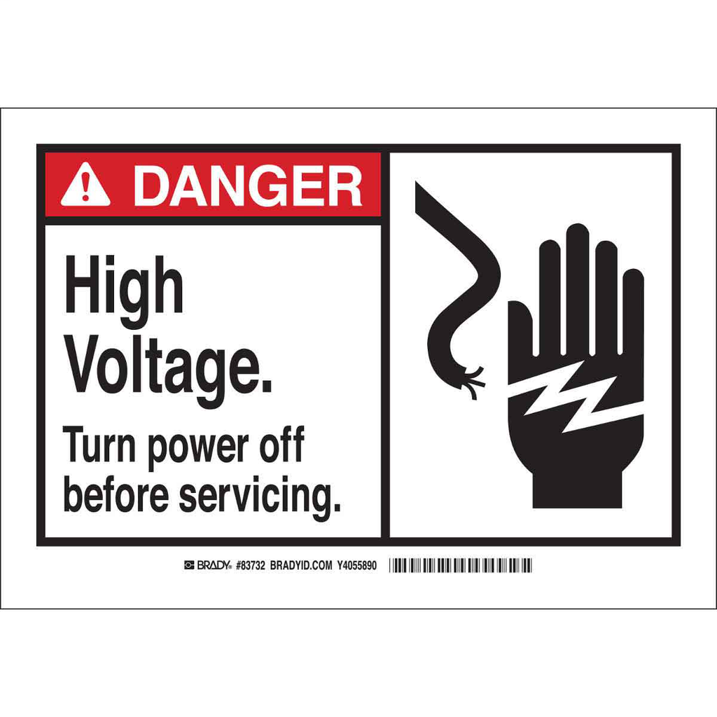 Product image for Brady 62791 DANGER High Voltage. Turn Power Off Before Servicing. Sign, 10" H x 14" W x 0.1" D, Fiberglass