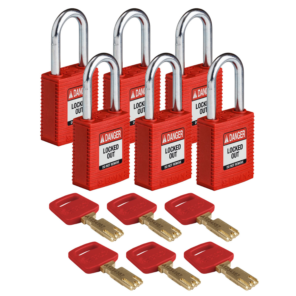 Product image for Brady NYL-RED-38ST-KD6PK Brady SafeKey Lockout Padlock Nylon Red 1.5" Steel Shkl Keyed Different 6 Pk