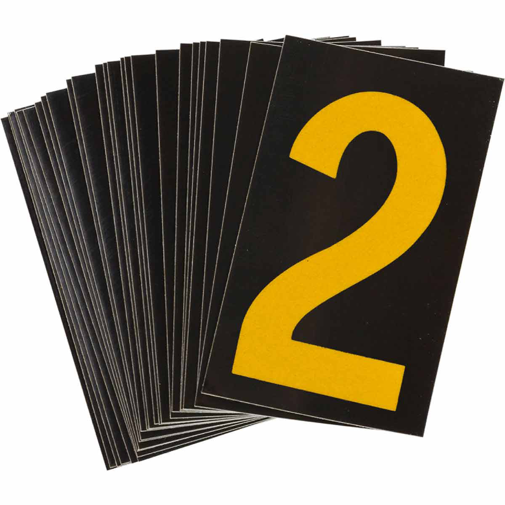 Product image for Brady 5000-2 5000 Series Reflective Number and Letter Labels, 2.875" H x 1.75" W, Pack of 25 Labels, Yellow on Black, 2