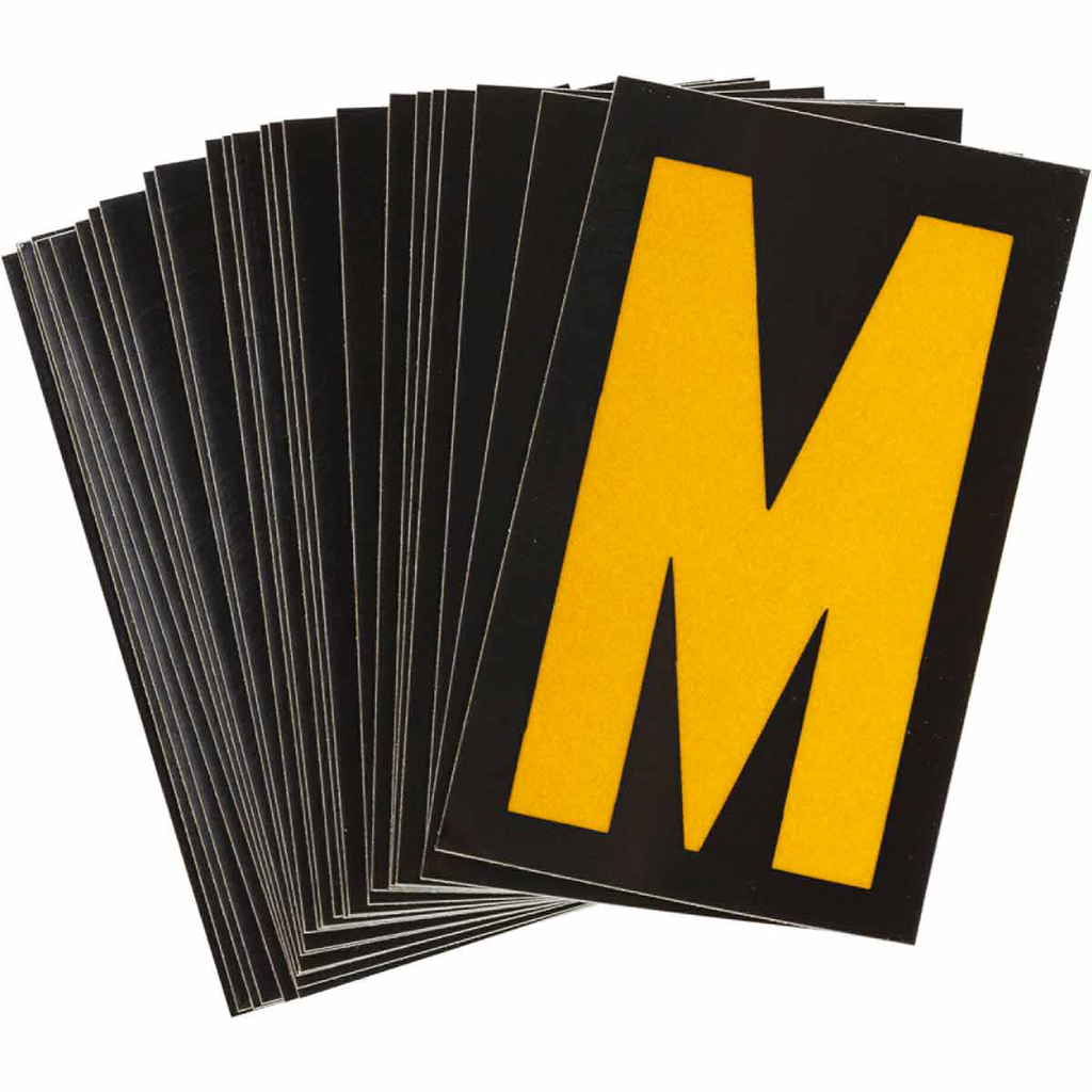 Product image for Brady 5000-M 5000 Series Reflective Number and Letter Labels, 2.875" H x 1.75" W, Pack of 25 Labels, Yellow on Black, M