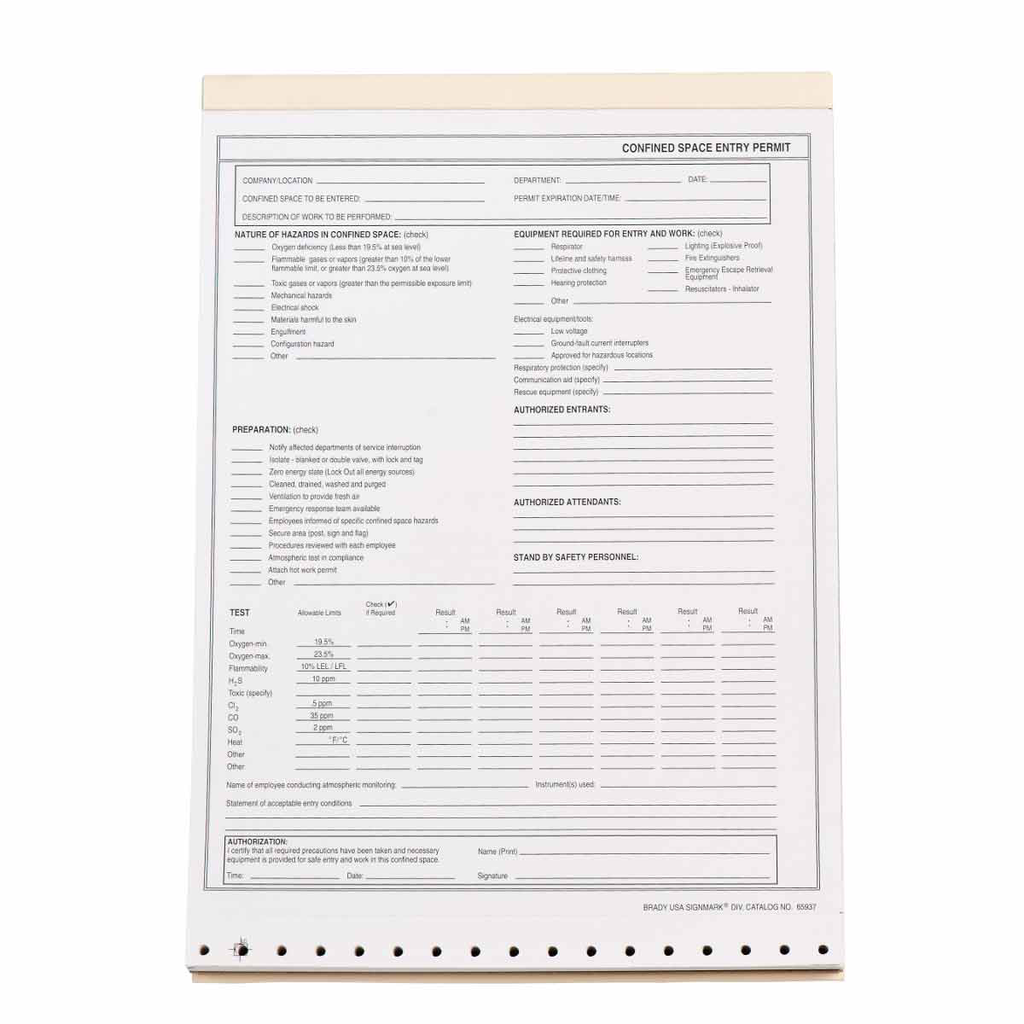 Product image for Brady 65937 Confined Space Entry Permit - 2-Ply Carbonless, Pack of 25 Each