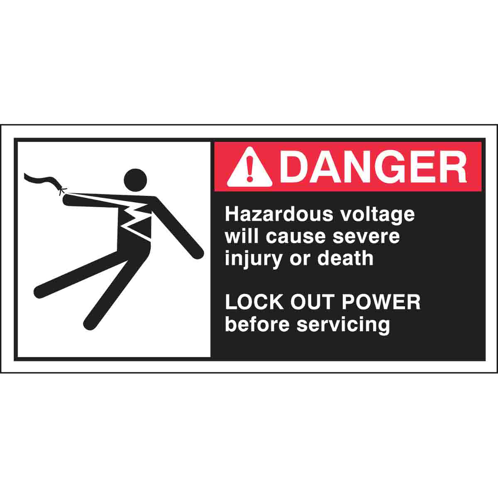 Product image for Brady 96157 HAZARDOUS VOLTAGE WILL CAUSE SEVERE INJURY OR DEATH Labels, 2.5" H x 5" W x 0.006" D, Black/Red on White