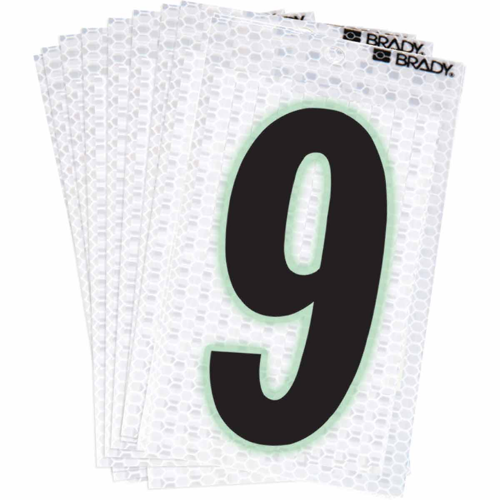 Product image for Brady 3000-9 3000 Series Glow in the Dark Number and Letter Labels, Black/Green Glow on Silver, Pack of 10 Labels, 9