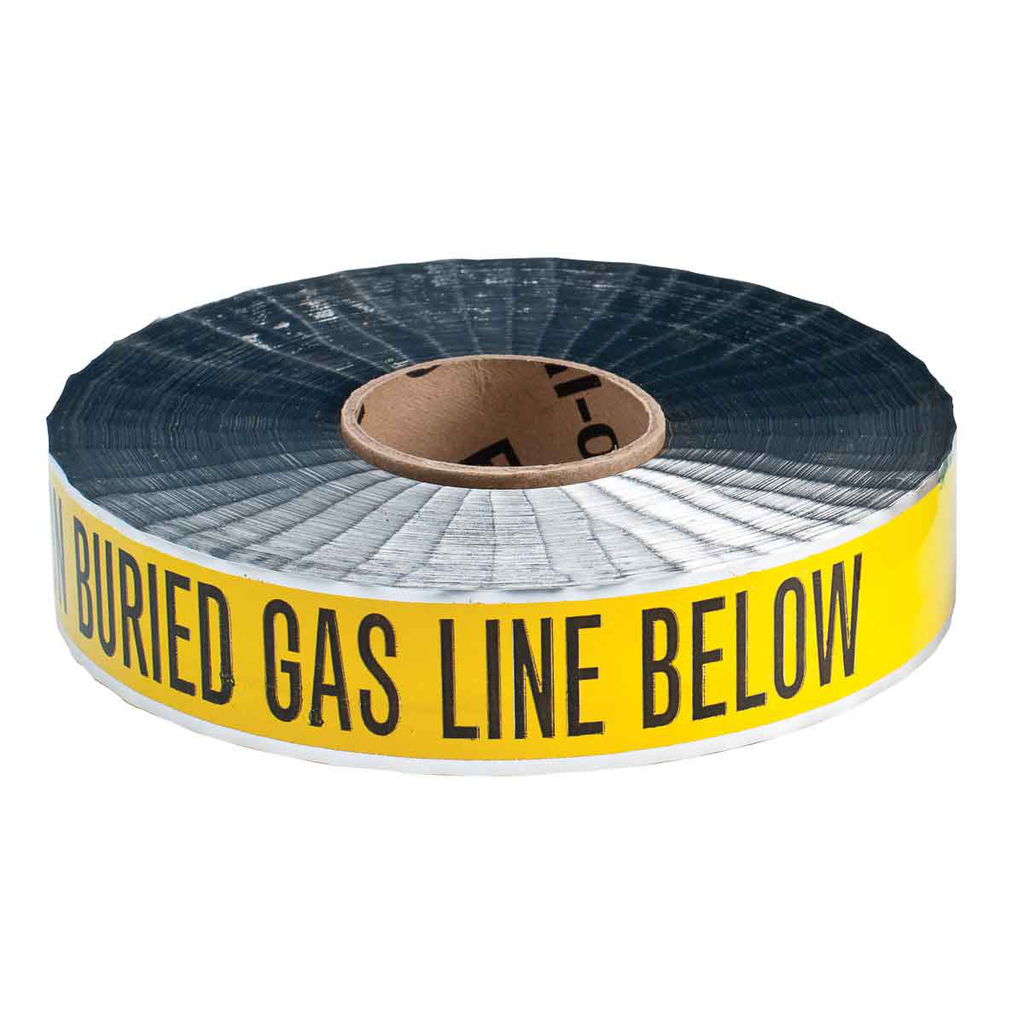 Product image for Brady 91600 Identoline Underground Tape Roll - Polyester-Encased Aluminum Foil, CAUTION BURIED GAS LINE BELOW, Black on Yellow, 2" x 1000'