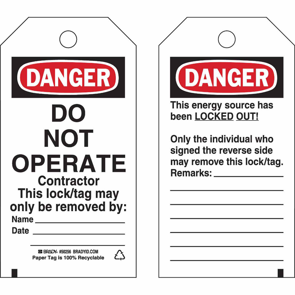 Product image for Brady 50256 Lockout Tags: DANGER: DO NOT OPERATE Contractor This Lock/Tag May Only Be Removed By Name__Date__?