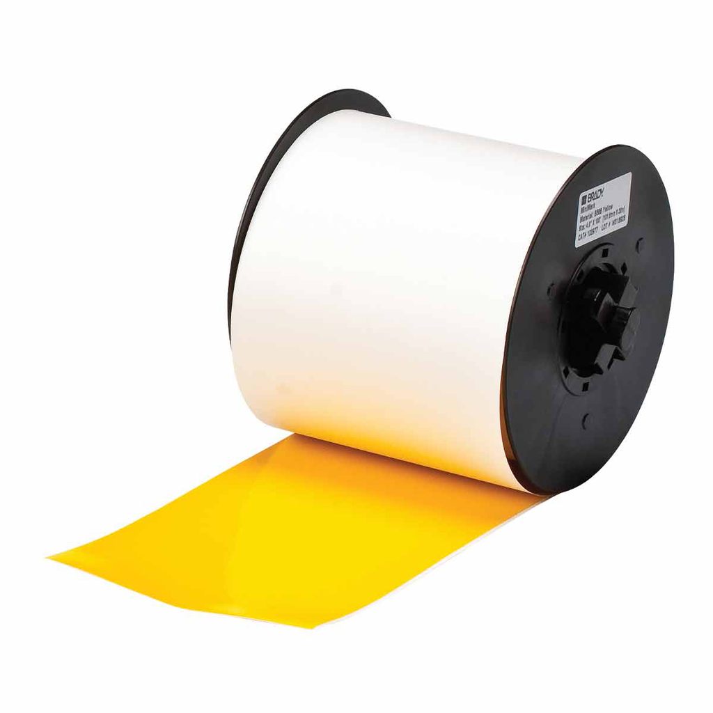 Product image for Brady 120862 MiniMark Series General Purpose Vinyl Labels, 4" W x 110' L, Yellow, Acrylic