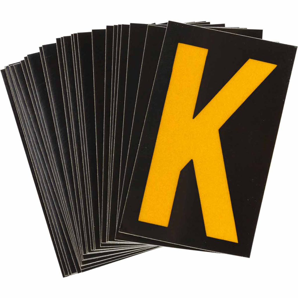 Product image for Brady 5000-K 5000 Series Reflective Number and Letter Labels, 2.875" H x 1.75" W, Pack of 25 Labels, Yellow on Black, K