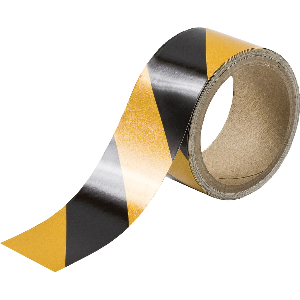 Product image for Brady 78130 Reflective Black and Yellow Striped Tape, Acrylic, Black/Yellow, 2" x 10 Yd