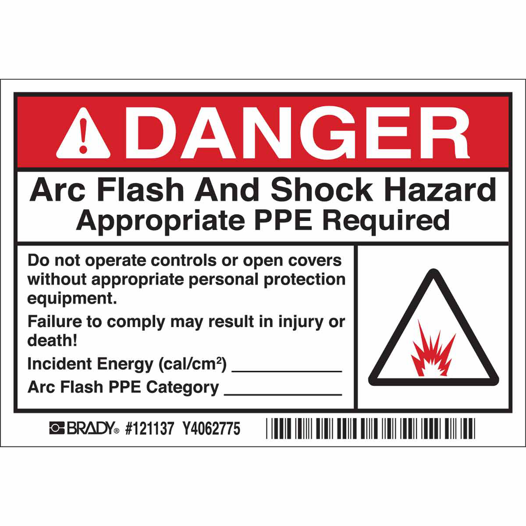 Product image for Brady 121137 Arc Flash Labels - Adhesive Vinyl, 3.5" H x 5" W x 0.004" D, Roll of 100 Labels, Black/Red/White on White