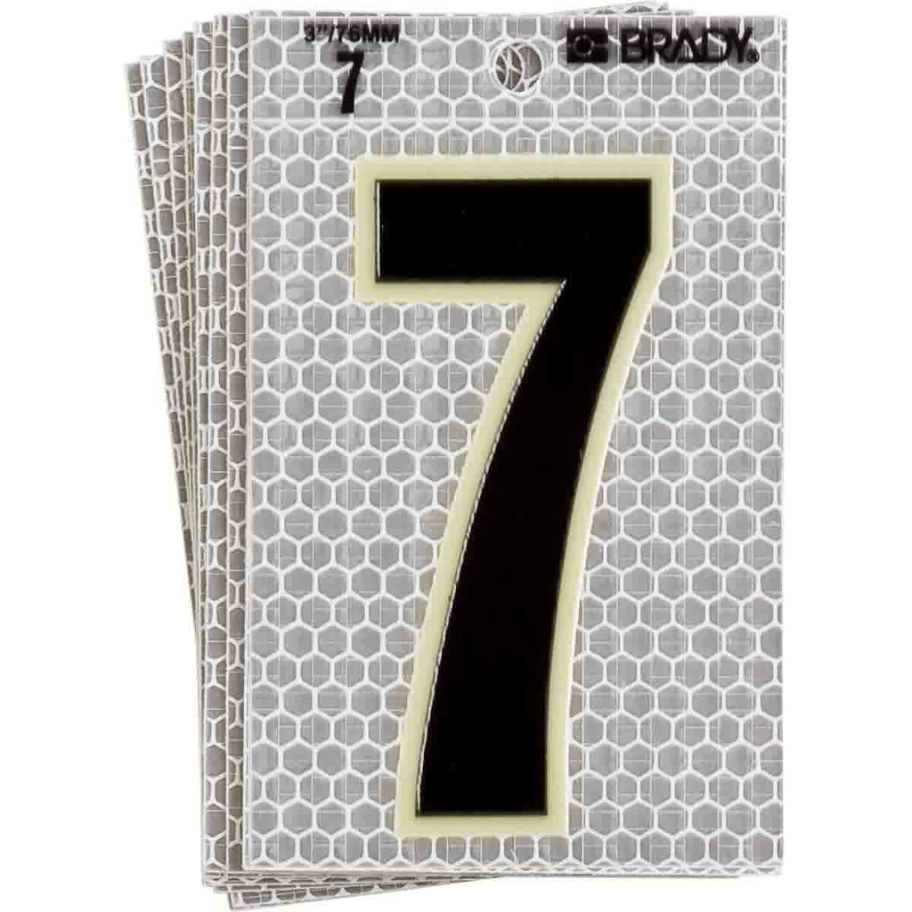 Product image for Brady 3020-7 3020 Series Glow in the Dark Number and Letter Labels, Black/Green Glow on Silver, Pack of 10 Labels, 7