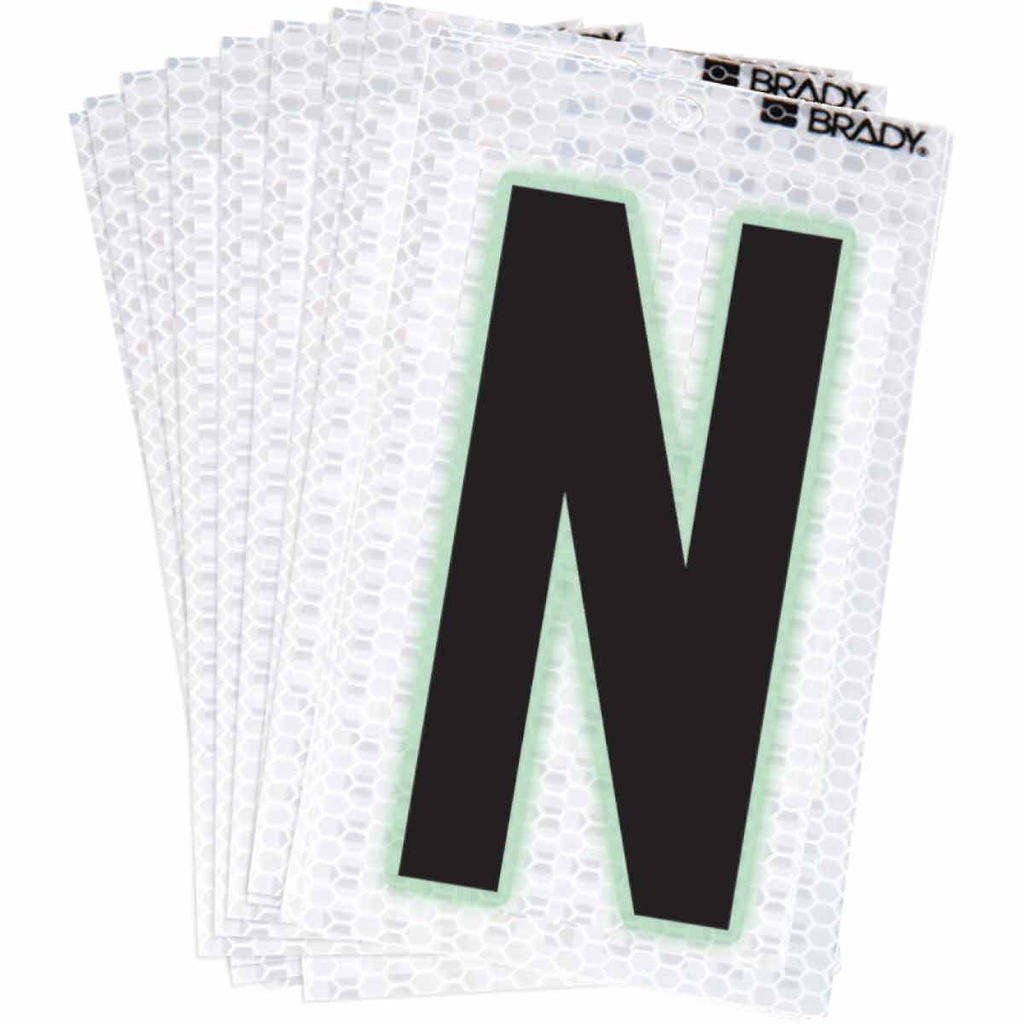 Product image for Brady 3000-N 3000 Series Glow in the Dark Number and Letter Labels, Black/Green Glow on Silver, Pack of 10 Labels, N