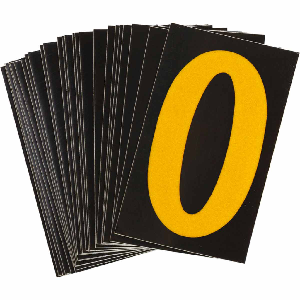 Product image for Brady 5890-0 5890 Series Reflective Number and Letter Labels, 1.875" H x 1.375" W, Pack of 25 Labels, Yellow on Black, 0