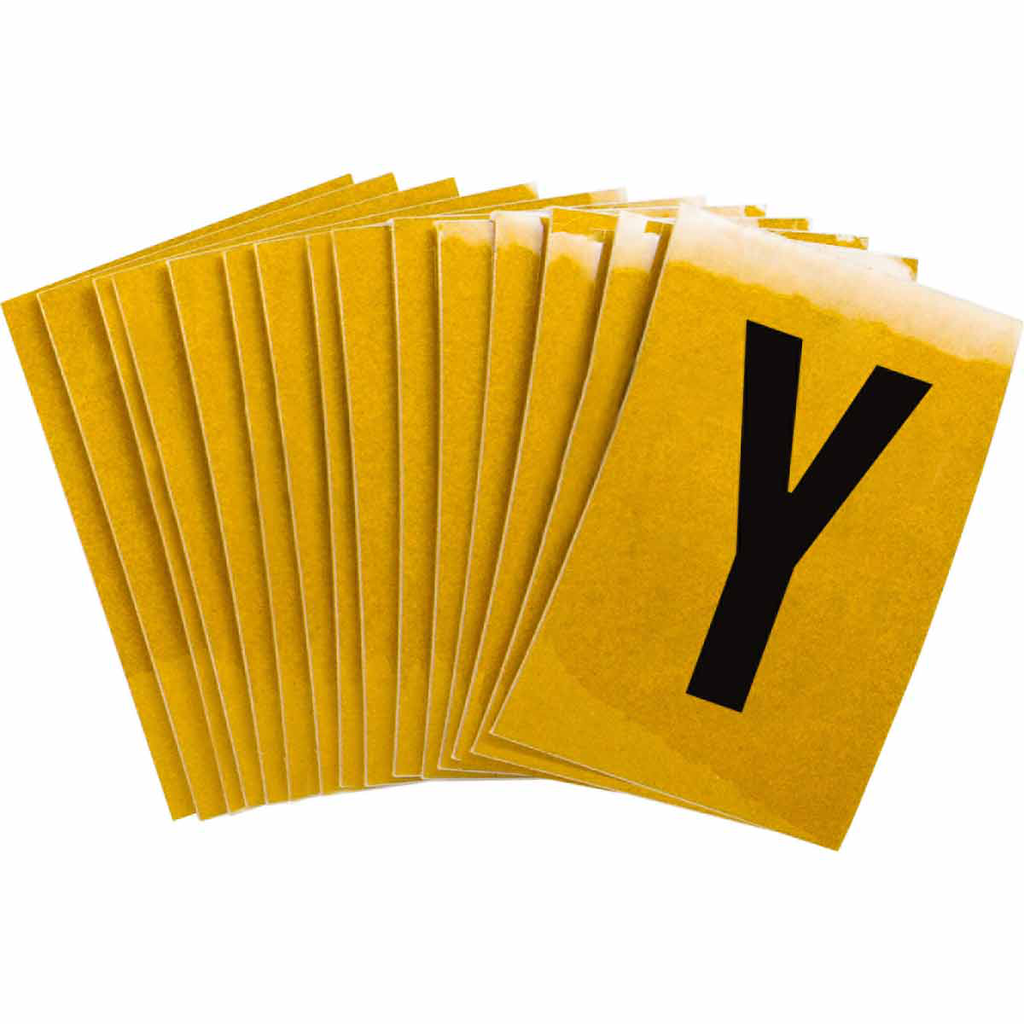 Product image for Brady 5920-Y 5920 Reflective Number and Letter Labels, 1.5" H x 1" W, Pack of 25 Labels, Black on Yellow, Y