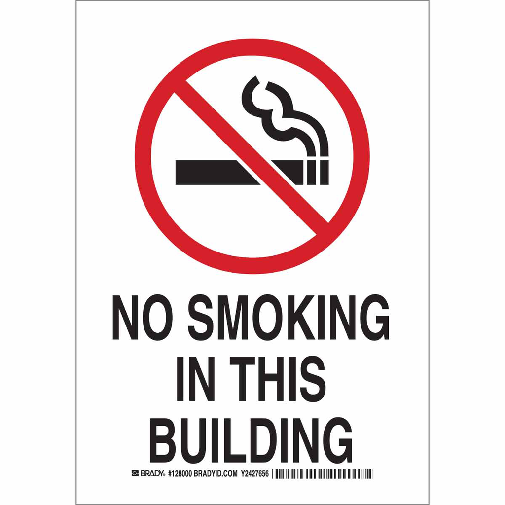 Product image for Brady 127999 No Smoking In This Building Sign, 10" H x 7" W x 0.06" D, Polystyrene