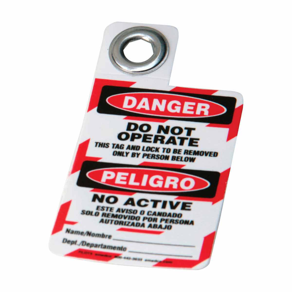 Product image for Brady 105724 Bilingual Lockout Tags: DO NOT OPERATE. THIS TAG AND LOCK TO BE REMOVED Only BY PERSON BELOW. NO ACTIVE EST?