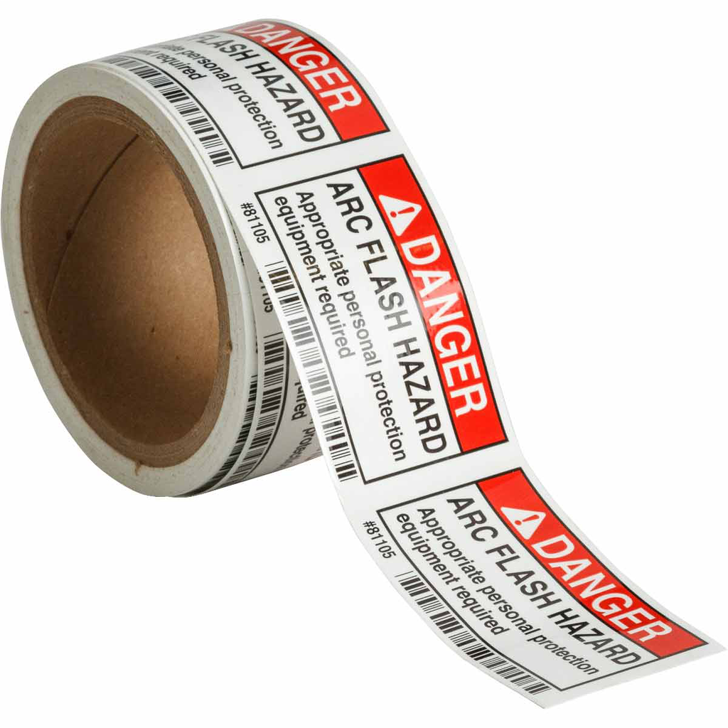 Product image for Brady 81105 Arc Flash Labels - Self-Sticking Polyester, 2" H x 3" W x 0.006" D, Roll of 100 Labels, Black/Red on White