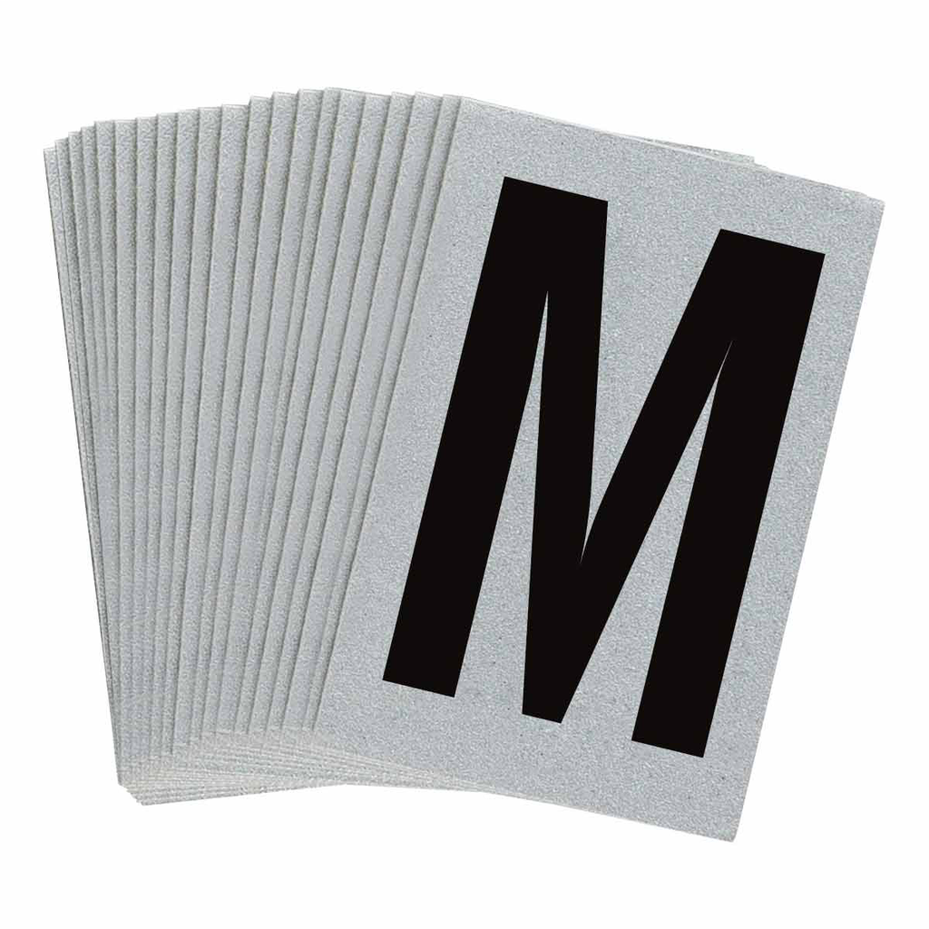 Product image for Brady 5900-M 5900 Reflective Number and Letter Labels, 1.5" H x 1" W, Pack of 25 Labels, Black on Silver, M