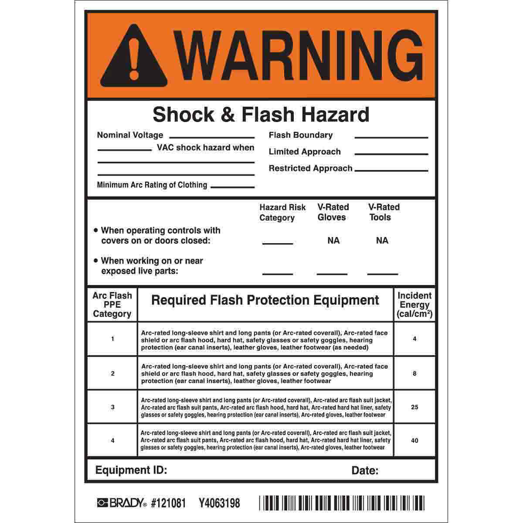 Product image for Brady 121081 Arc Flash Labels - Adhesive Vinyl, 7" H x 5" W x 0.004" D, Pack of 5 Labels, Black/Orange on White