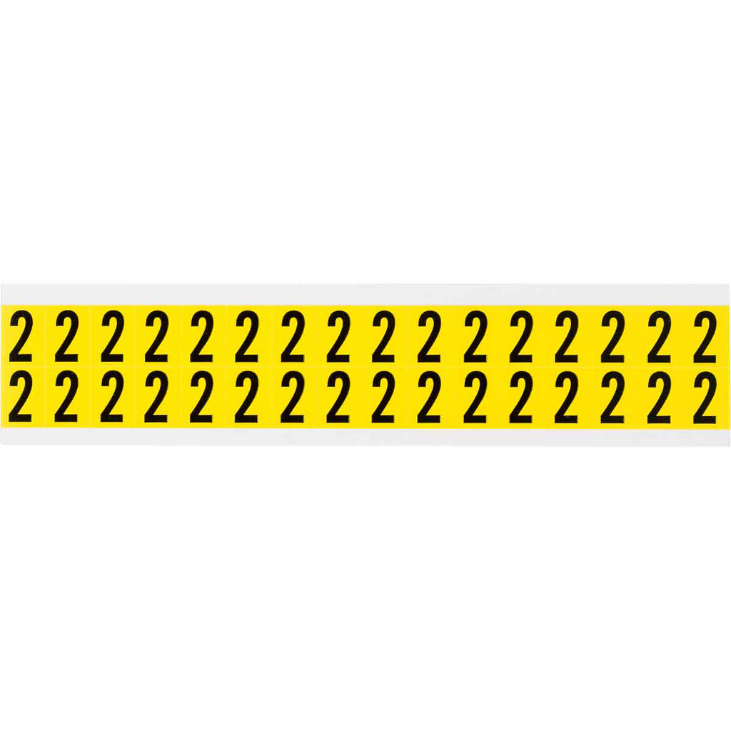Product image for Brady 3420-2 Repositionable Vinyl 0.625 in Black on Yellow, Numbers 2 Card of 32 Labels