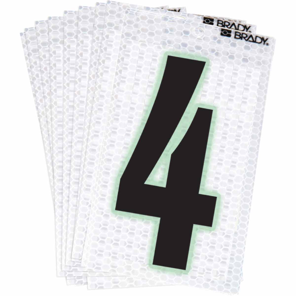 Product image for Brady 3000-4 3000 Series Glow in the Dark Number and Letter Labels, Black/Green Glow on Silver, Pack of 10 Labels, 4
