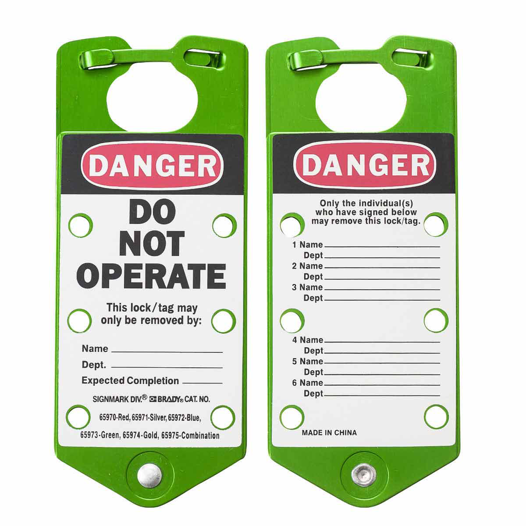 Product image for Brady 65973 Labeled Group Lockout Hasps, Green, Pack /5