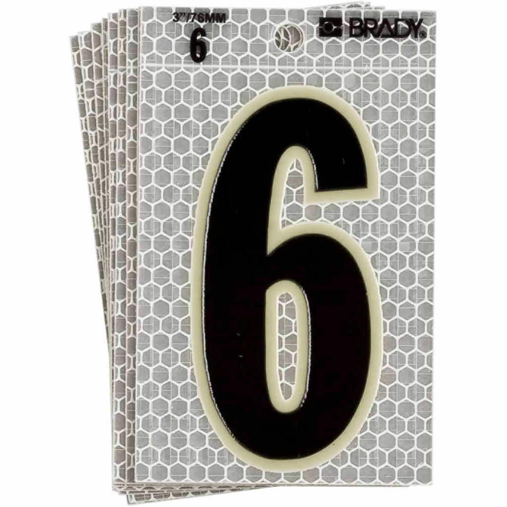 Product image for Brady 3020-6 3020 Series Glow in the Dark Number and Letter Labels, Black/Green Glow on Silver, Pack of 10 Labels, 6