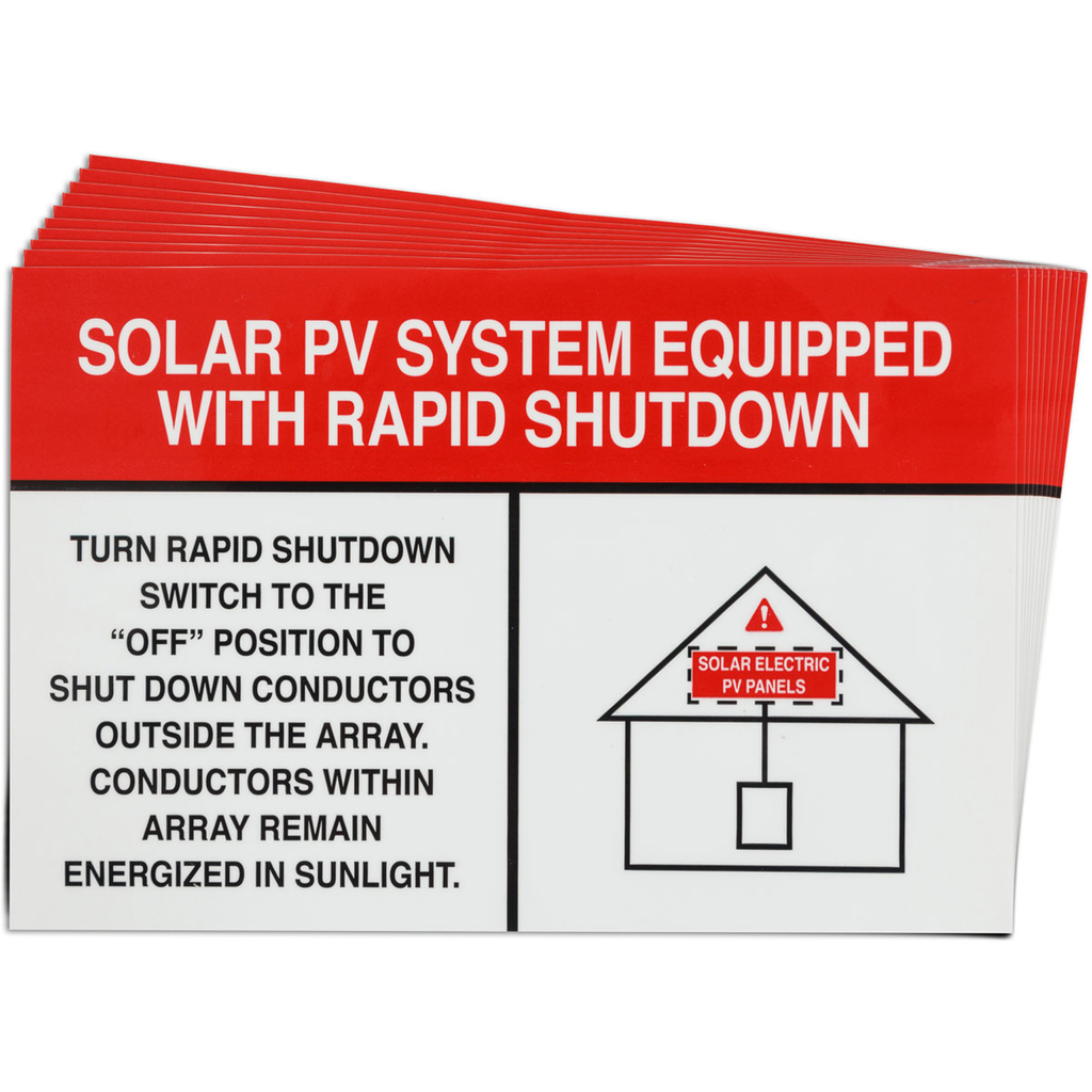 Product image for Brady 149864 Pre-Printed SOLAR WHT/RED RPD SHUTDOWN Warning Labels, 4"x6" Vinyl, 25Pk