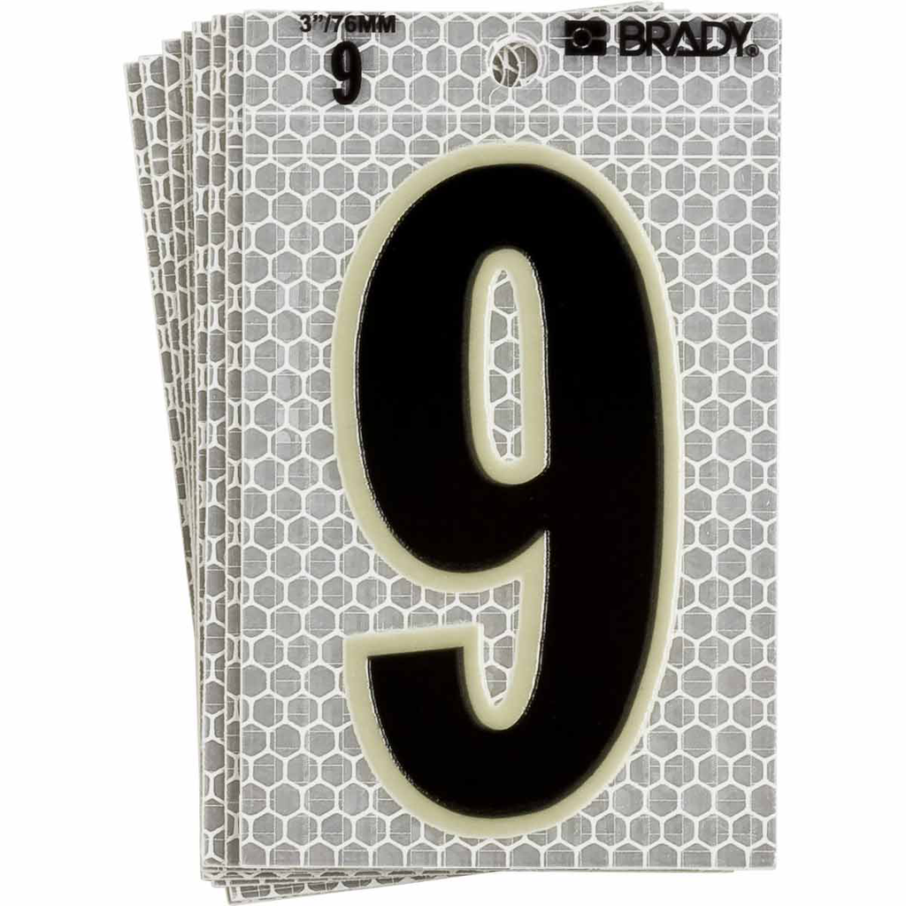 Product image for Brady 3020-9 3020 Series Glow in the Dark Number and Letter Labels, Black/Green Glow on Silver, Pack of 10 Labels, 9